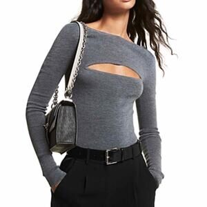 MICHAEL Michael Kors Boat Neck Cutout Merino Wool Blend Bodysuit Gray Small